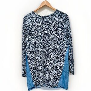 J Jill Floral Print Long Sleeve‎ Tunic Top with Denim Trim